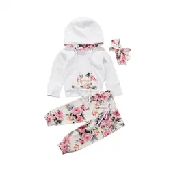 Комплект одежды для маленьких девочек Осень Белый с длинным рукавом Цветочный с капюшоном топы, штаны повязка на голову спортивный костюм