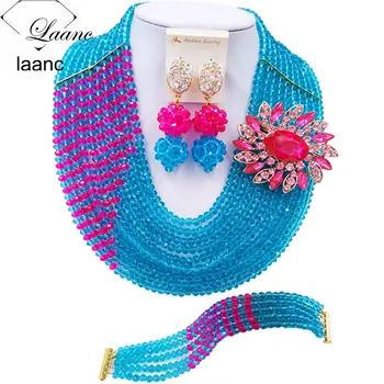 

Laanc Latest Lake Blue Fuchsia Pink African Jewelry Set Nigerian Wedding Beads Free Shipping C10JK002