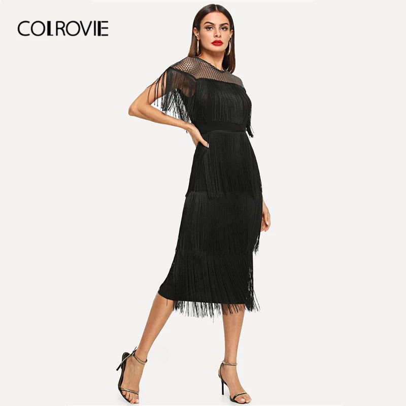 COLROVIE, черное Сетчатое платье с хомутом, многослойное, с бахромой, облегающее, сексуальное платье для женщин, лето, облегающее, облегающее, для офиса, для девушек, длинное платье