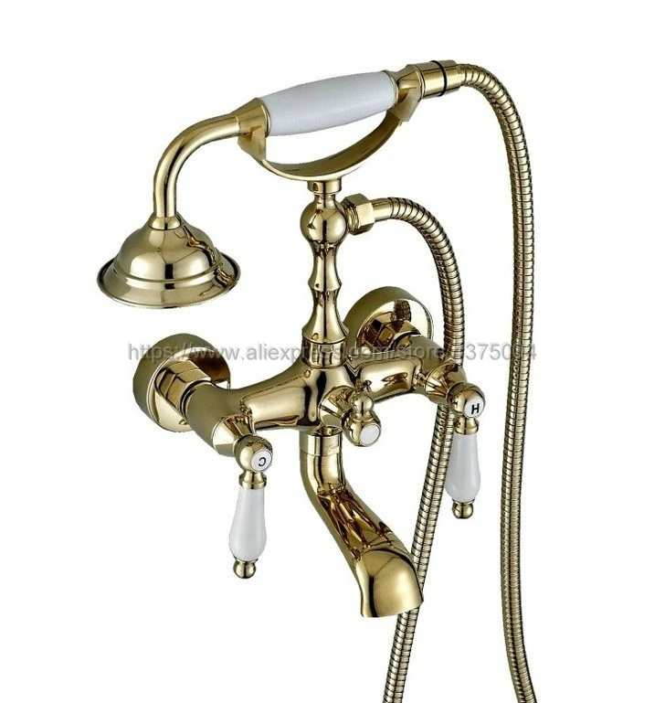 Luxury Gold Color Brass Dual Cross Handles Wall Mounted Bathroom Tub Faucet with Hand Held Shower Sprayer Ntf135 | Обустройство дома