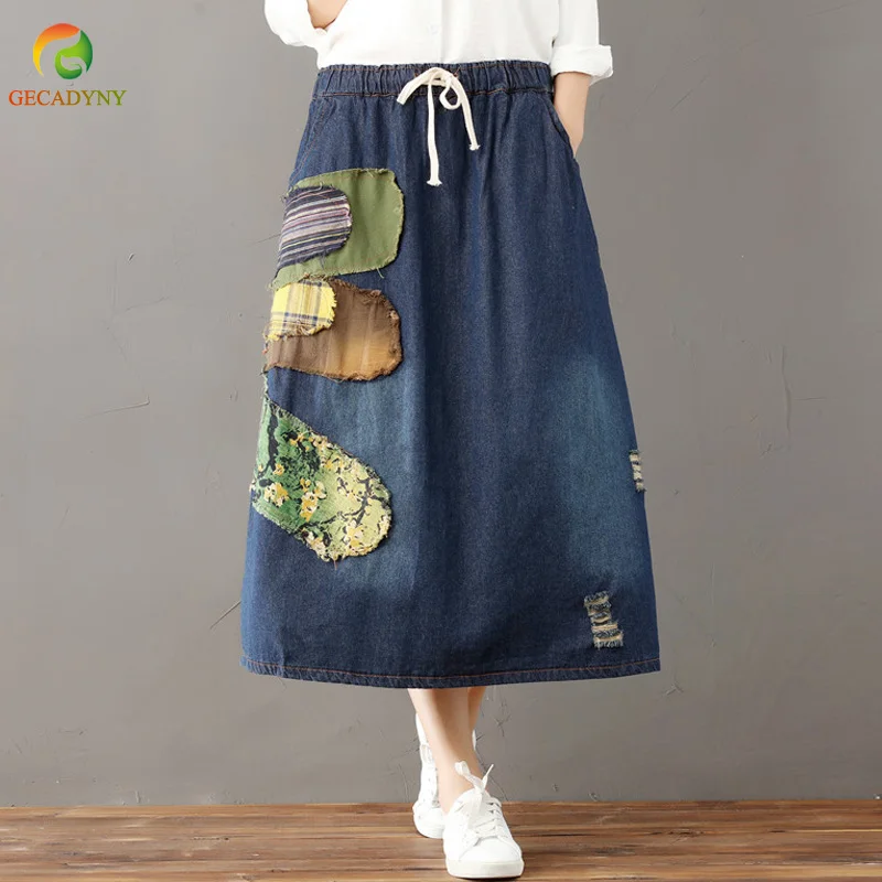 

Jeans Skirt High Waist Women Patchwork Stitch Denim Skirts Big Size Long Casual A Line Skirt Summer Holes Drawstring Girls Skirt