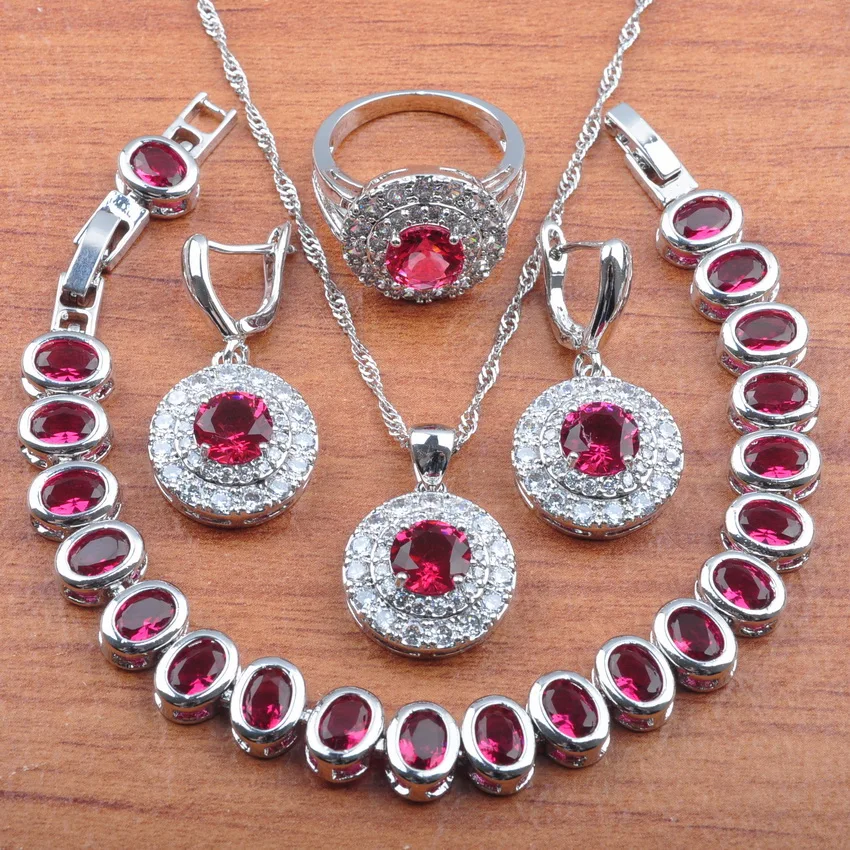 

High Quality Rose Red Zirconia Silver 925 Jewelry Sets Women Bridal jewelry Earrings Necklace Pendant Ring Bracelets JS0272