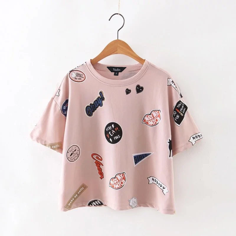 Women cute letters cat lip print crop tops loose T shirt short sleeve
