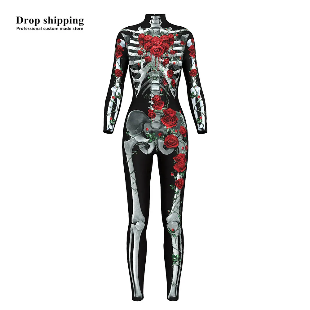 

Sexy Women Zentai Terror Black Rose Bone/Skeleton 3D Printing Jumpsuits For Women Girls Halloween Cosplay Costumes clothes Sets