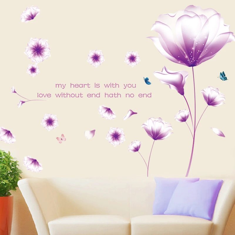 2set DIY Vinyl Wall Sticker Beautiful Blossom Flower Pink Green Purple ...