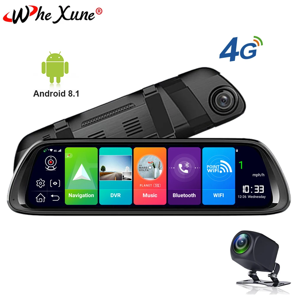 

WHEXUNE 2019 Car DVR Camera GPS Navigator 4G 10" Android 8.1 Stream Media Rear View Mirror FHD 1080P GPS Mirror Dash Cam Recorde