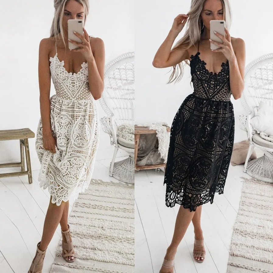 

Lady Sleeveless Summer Dresses Formal Long Lace Chiffon lace V-neck Women Prom Evening Party Mini Dress#GHC