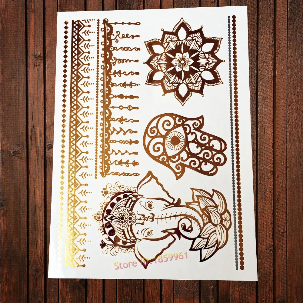 1 шт. индийская Золотая Татуировка Hamsa ручной глаз слон Ганеша Подсолнух цветок
