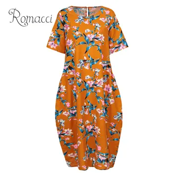 

Romacci Cotton Linen Dress Women Vintage Floral Print Loose Dress O-Neck Short Sleeve Pockets Casual Long Retro Dress Red/Yellow