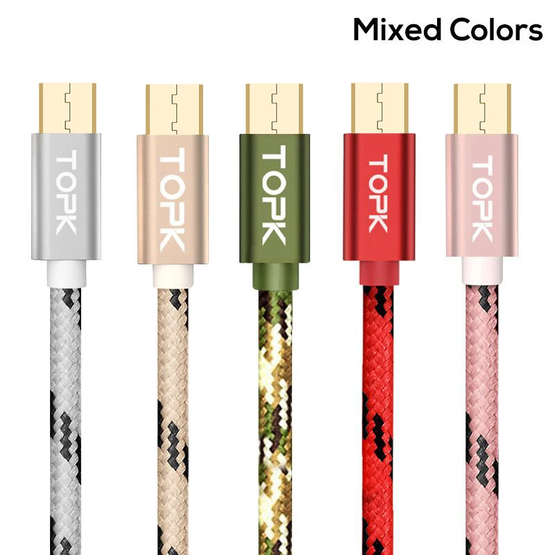 TOPK [5-Pack] 5 V/2,4 A(макс.) Micro USB кабель, нейлоновый плетеный металлический корпус позолоченный зарядный кабель для samsung/Xiaomi/huawei - Цвет: Mixed colors