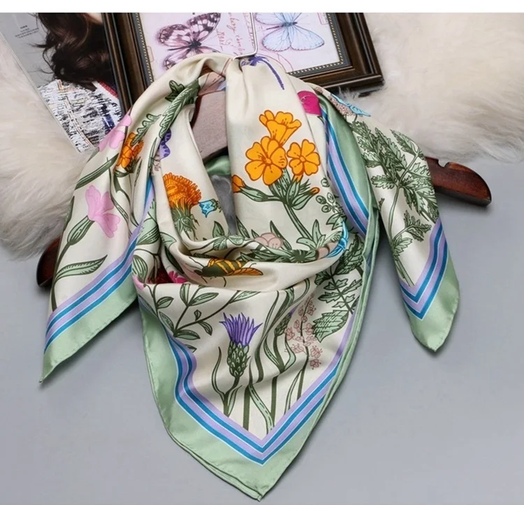 Цветочный принт большой квадратный шелковый шарф шаль хиджаб платок Шелковый саржевый шарф Обертывания женские подарки 88x88 см - Цвет: White Green