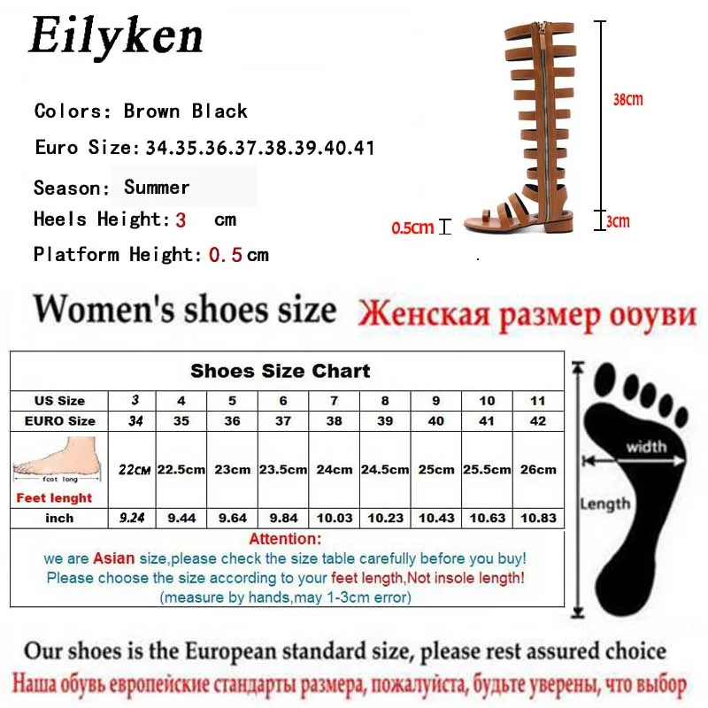 Eilyken/летние женские сандалии-гладиаторы; сандалии до колена с открытым носком; плоские повседневные босоножки на молнии; Размеры 35-40