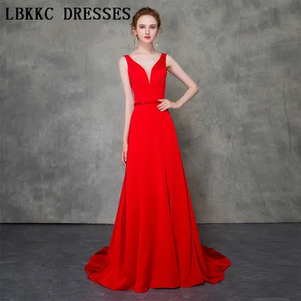 

Vestido De Festa Longo Red Satin Prom Dresses Sleeveless Backless Vestido Gala V Neck Gala Jurken Prom Long Elegant Dresses