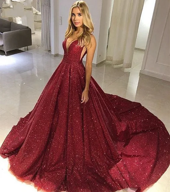 

BONJEAN Burgundy Bling Bling Ball Gown Prom Dresses 2019 Deep V Neck Chapel Train Formal Evening Gowns Sleeveless Robe de Soriee