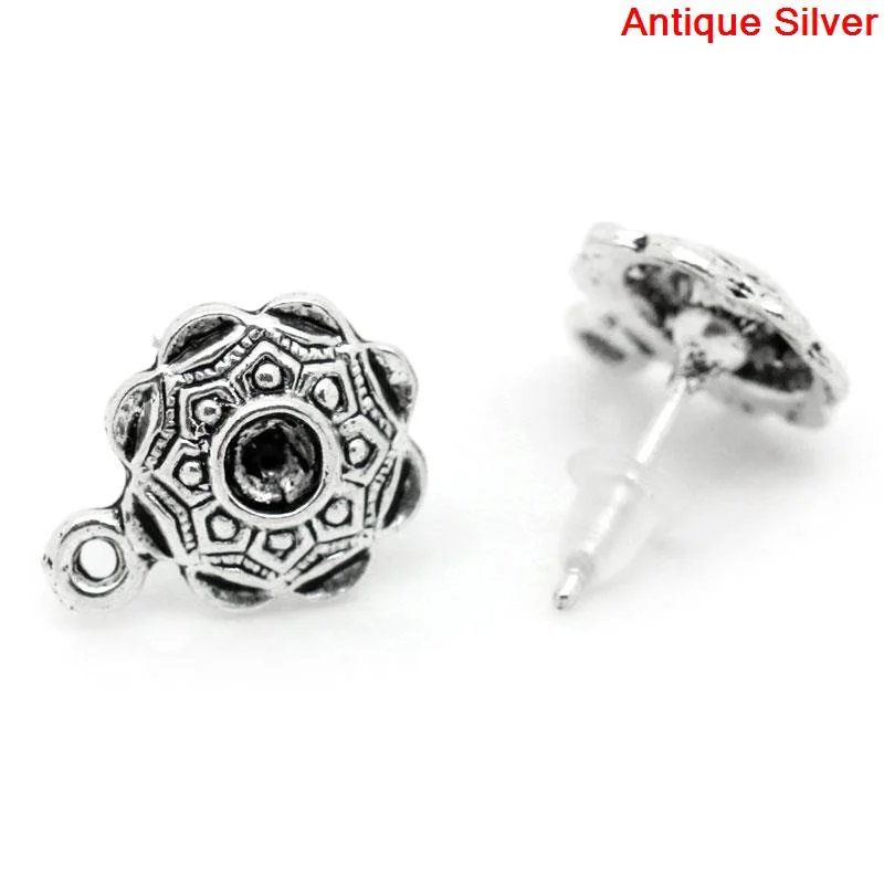 

DoreenBeads Earring Post Round antique silver color(Can Hold ss16 Rhinestone) Carved W/Stoppers & Loop 14x15mm,25 Pairs (B28912)