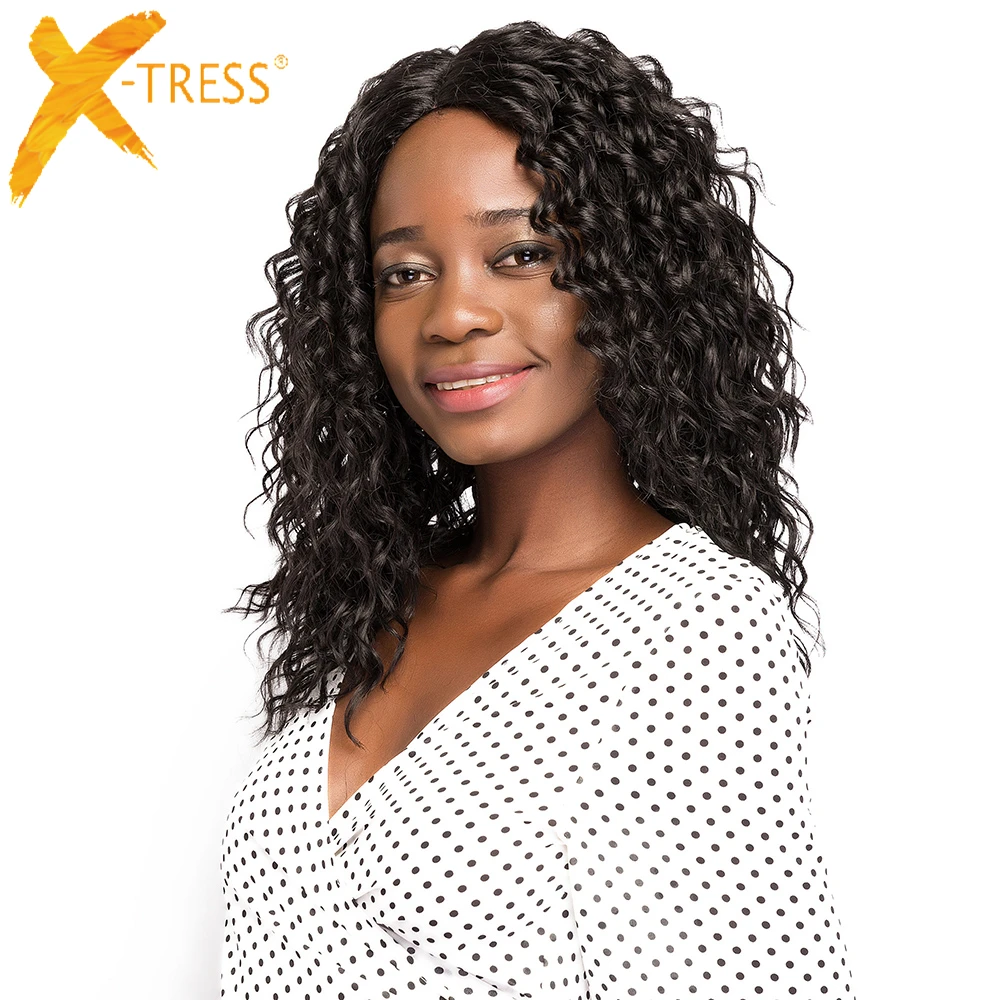 

X-TRESS Lace Part Synthetic Hair Wigs Natural Black Color Medium Length Kinky Curly Wave High Temperature Fiber Middle Part Wig