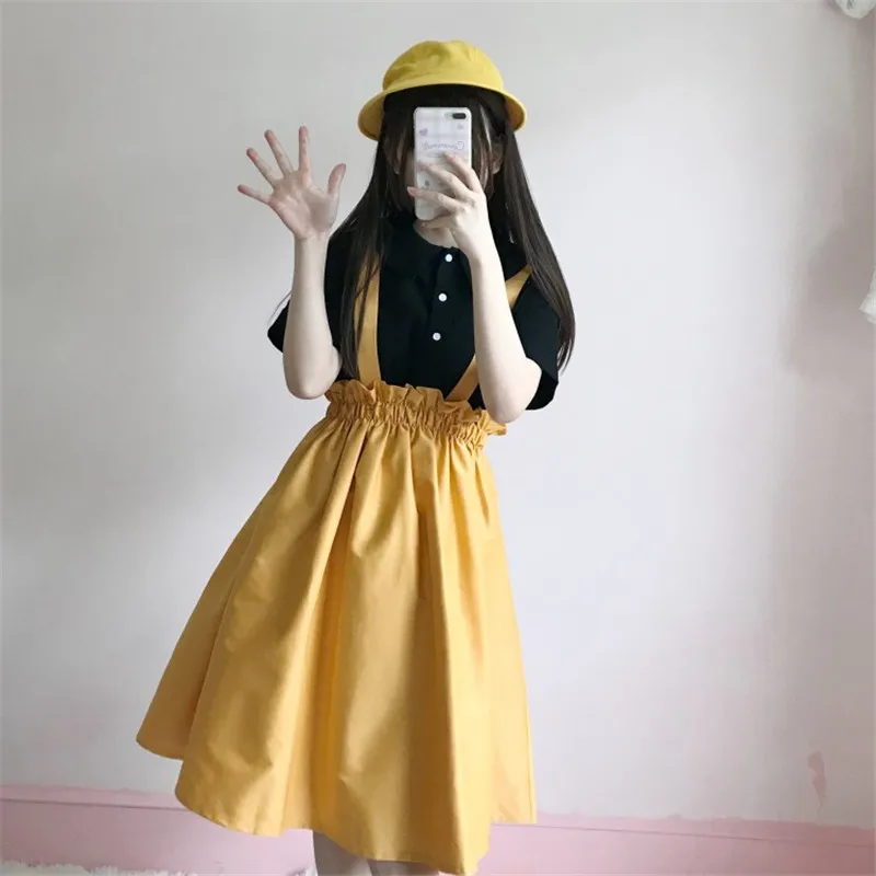 

Women 2 Pcs Suits 2018 New Korean Japan Students Sweet Short-sleeved Shirts & High Waist Strap Dress Sets Kawaii Two-piece Sets
