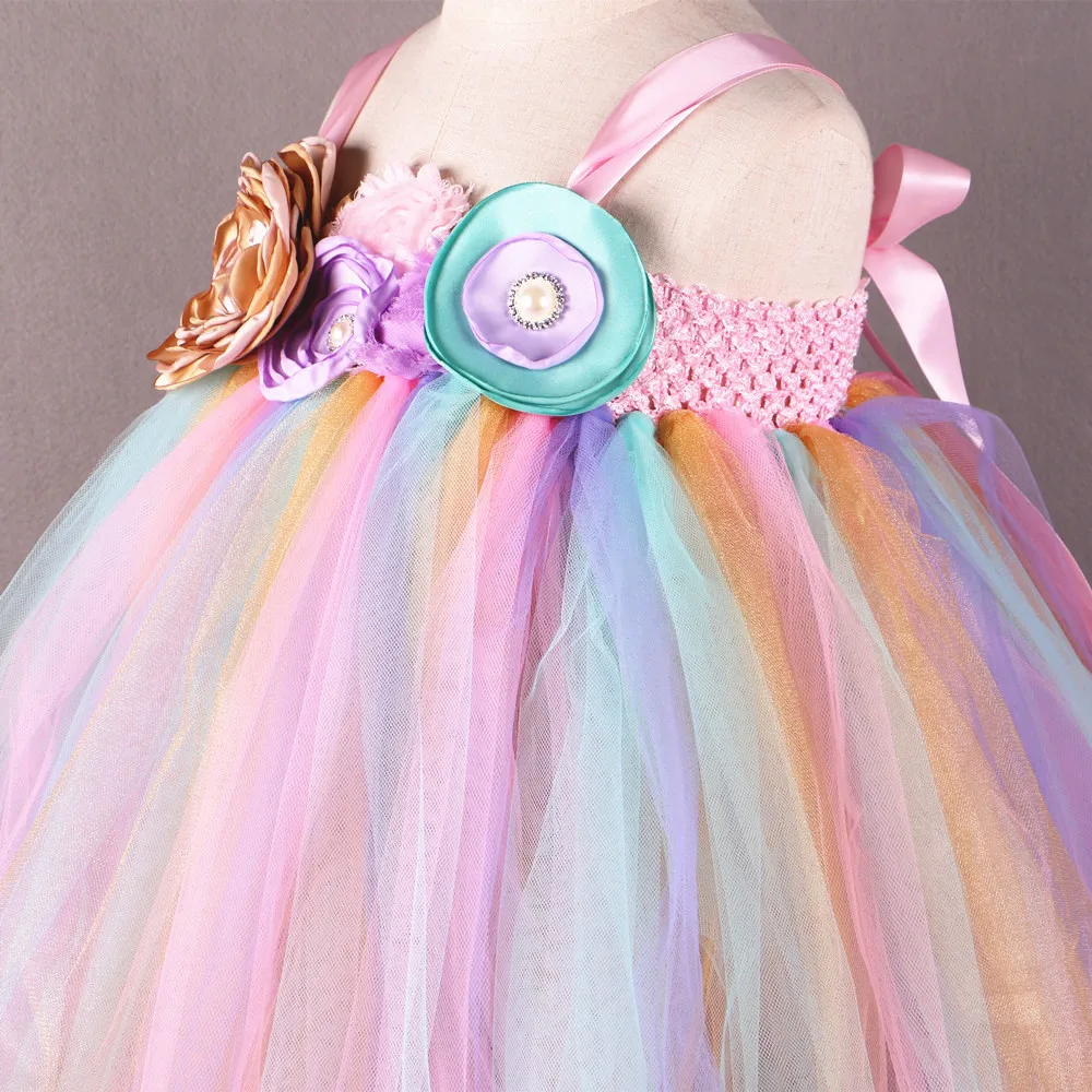 Rainbow Flower Girl Tutu Dress Princess Children Girls Tulle Party Dresses Boutique Kids Girls Pageant Wedding Ball Gown Dress