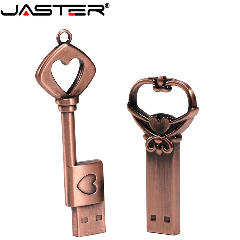 

JASTER copper love heart shaped key flash drive USB 2.0 pen drive 4gb 8gb 16gb 32gb 64GB metal keys memory Stick wedding gift