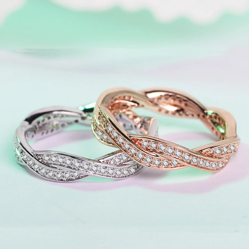 

Pattern Twisted Wedding Ring For Women Micro Cubic Zirconia Rose White Gold Color Two Row Tail Ring Gift Fashion Jewelry KCR233