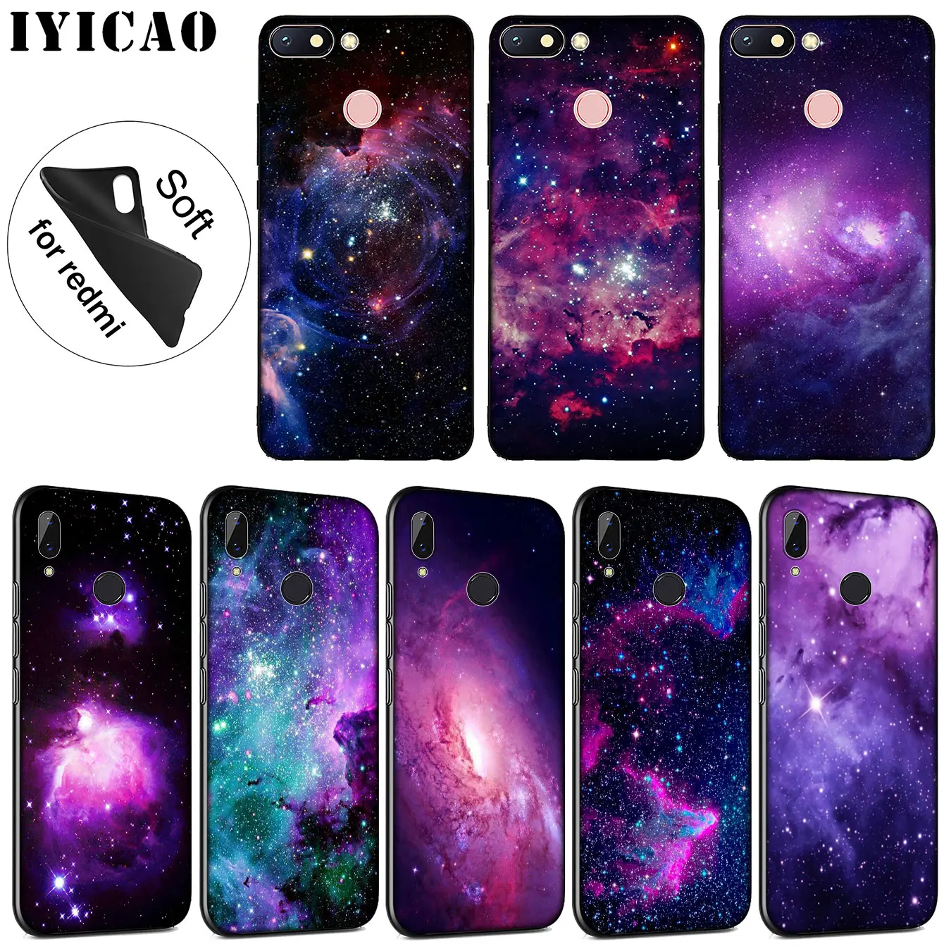 IYICAO Purple Space Star Soft Silicone Phone Case for Xiaomi Redmi K30 K20 8A 7A 6A 5A S2 GO Note 8 8T 7 5 6 Pro Black Cover |