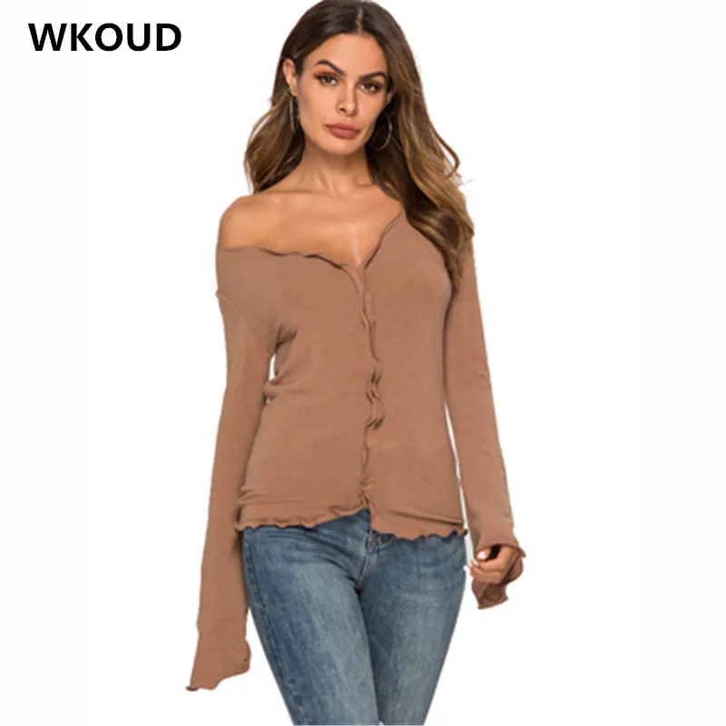 

WKOUD Women's Deep V-neck T-shirts Fashion Long Sleeve T shirt Casual Sexy Solid Brown Tops Loose Flare Sleeve Streetwear T9041