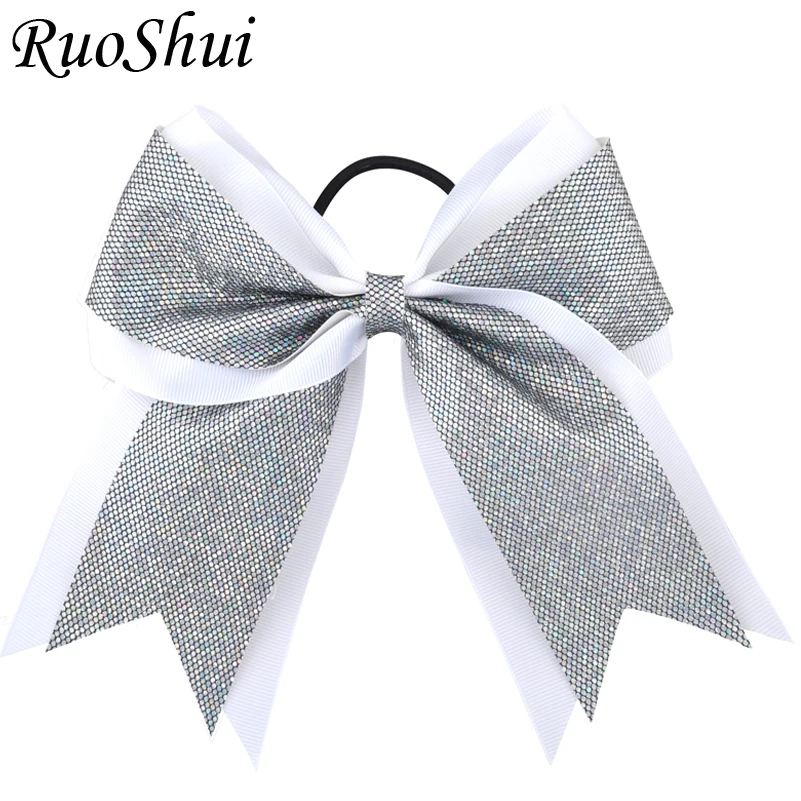 7 Inch Girls Large Cheerleading Hair Bow Glitter Powder Grosgrain Ribbon Elastic Hair Bands Ponytail Women Hair Bows Headwear