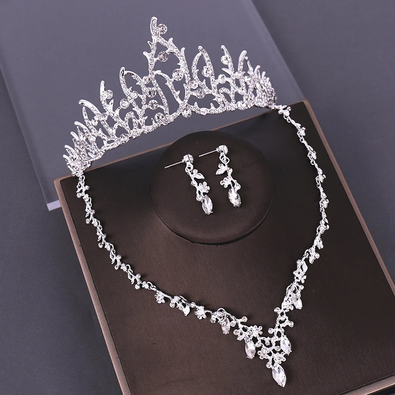 Bridal Jewelry Sets Wedding Crown Necklace With Earrings Bride Hair Ornaments Crystal Crown Necklace Women Accessories