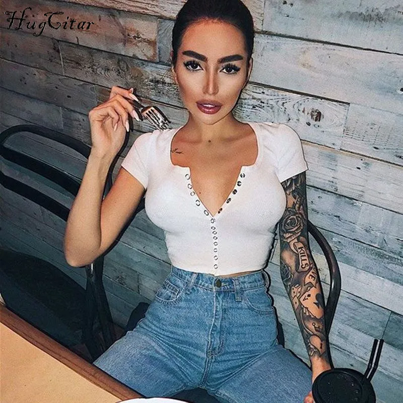 

Hugcitar cotton V-neck sexy crop top with buttons 2018 women white solid casual fashion T-shirt female tees