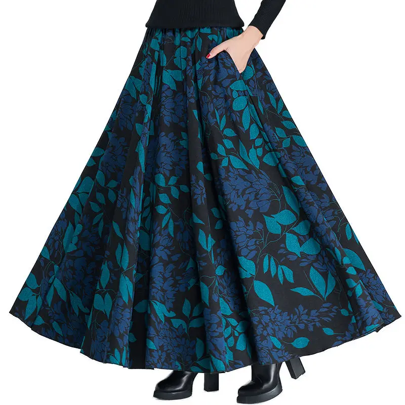 Vintage Wol Rokken Vrouwen Hoge Taille Jupe Afdrukken Maxi Lange Rok Faldas Mujer Herfst Winter Wollen Geplooide Rok Saia C3850