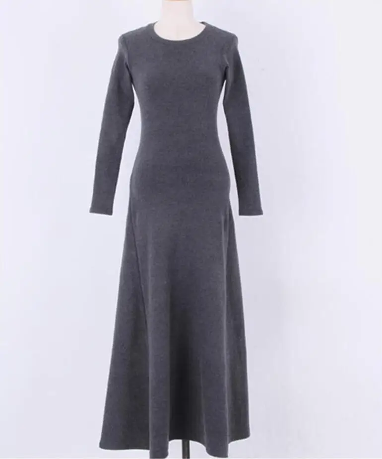 Черное Трикотажное хлопковое тонкое плиссированное платье трапециевидной формы с длинным рукавом для женщин, плотное теплое модное однотонное женское платье макси размера плюс