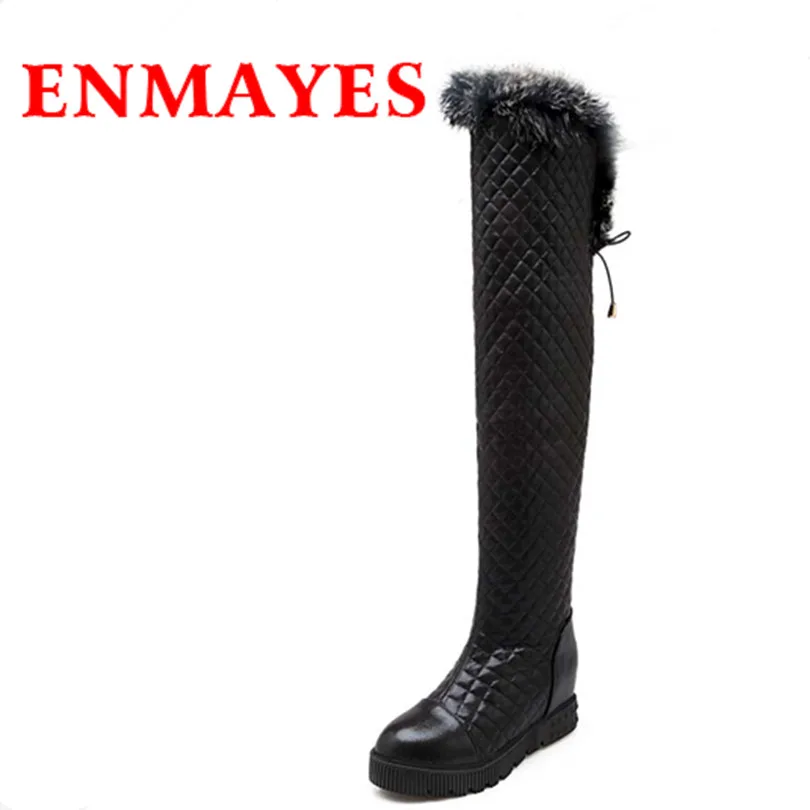 

ENMAYES Snow Boots For Women New Round Toe Feathers Flats with Over-the-Knee Boots Med Winter Soft Leather Black  Flats Shoes