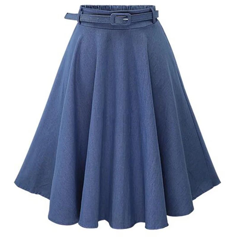 2019 Новая модная женская юбка с высокой талией плиссированная юбка с большим подолом джинсовая Расклешенная юбка с поясом Женская