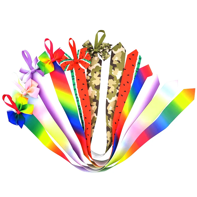 7pcs/lot High Quality Long Tail Rainbow Ribbons Hair Bows Barrettes