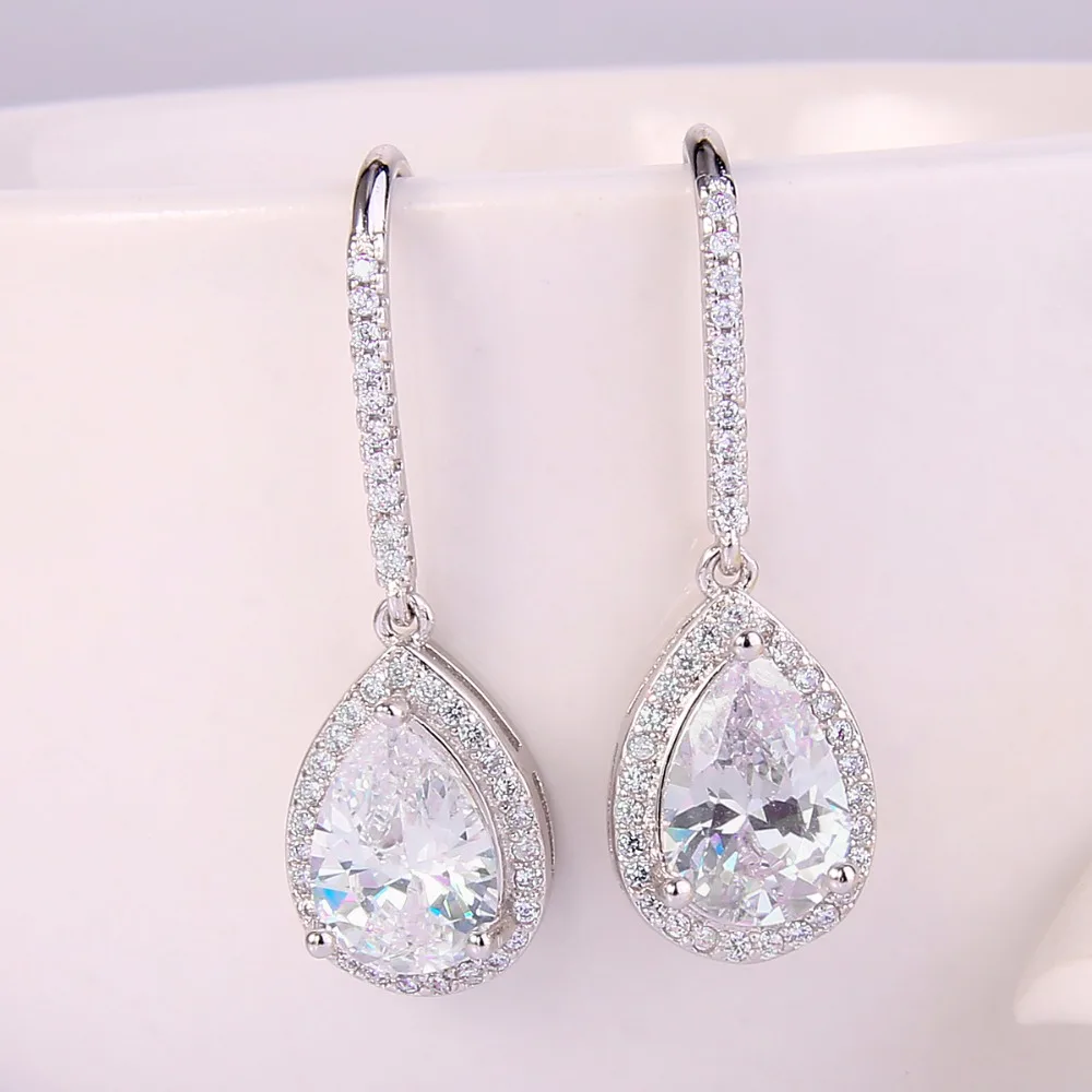 BELLA Elegant Long Teardrop Bridal Earrings Fish Hook Cubic Zircon