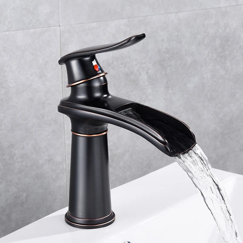 Black Basin Faucet Modern Water Tap Chrome Single Handle Waterfall Basin Mixer Tap Hot & Cold