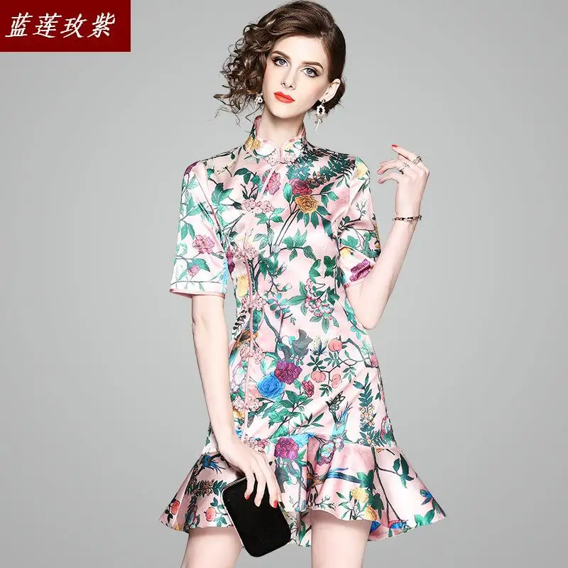 

2019 women clothing fashion summer printed dresses qipao ladies retro slim short sleeve chinese style cheongsam fishtail dress