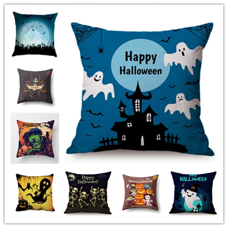 

2019 Halloween Skull Style Pattern Cushion Cover Ghost Linen Cotton Pillow Cover Home Decorative Pillow Case 45x45cm