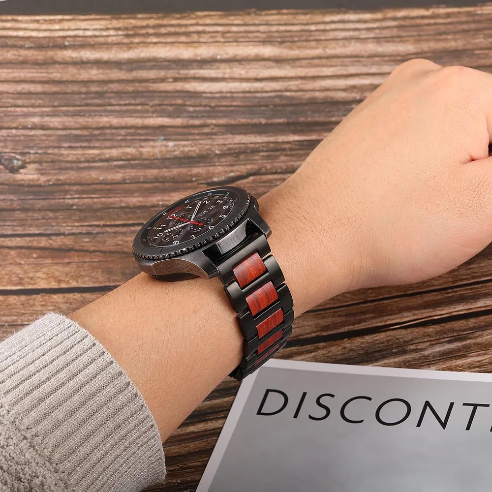 Ремешок из натурального дерева и нержавеющей стали для Samsung Gear S3 2 Neo Live Huawei Watch