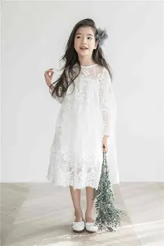 

lace crochet floral big girls dress summer spring new ruffles long white dress party little dress for girl princess clothing