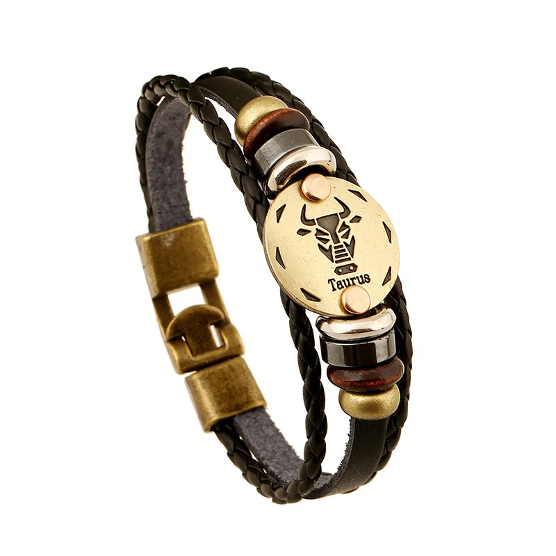 

Taurus Genuine Leather Bracelet 12 Zodiac Horoscope Charms Bracelet Men For Women Bangles Hematite Beads Bracelets