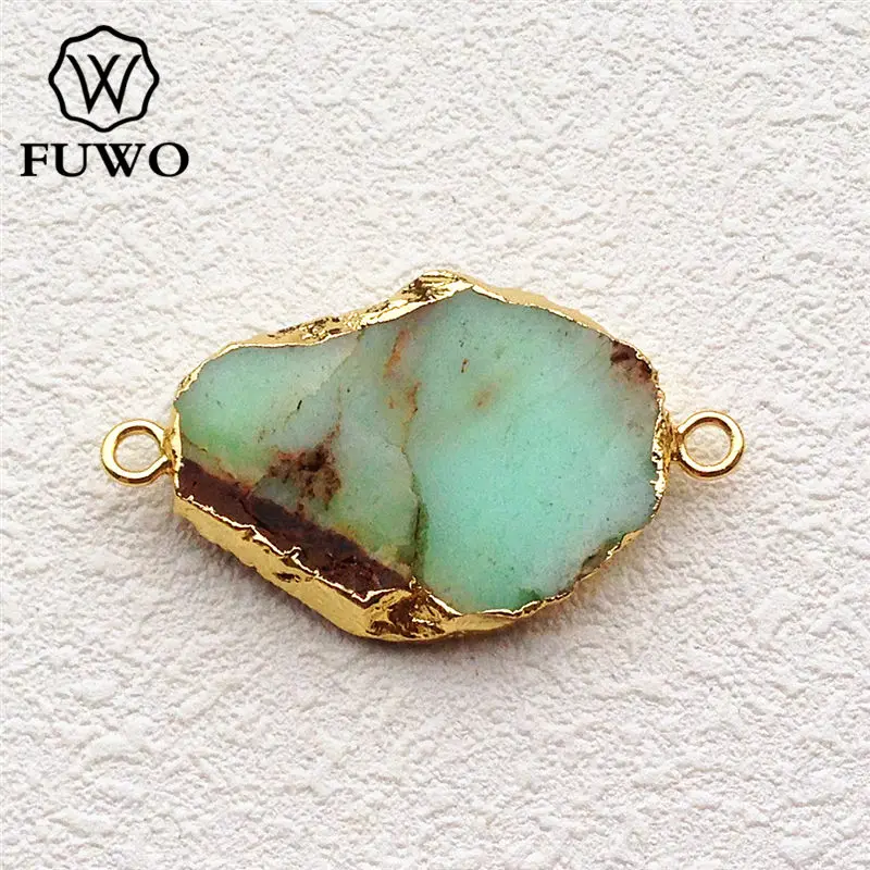 

FUWO Natural Chrysoprase Slice Connecter Pendant 24K Gold Electroplate Double Bail Semi-precious Stone Jewelry Wholesale PD048