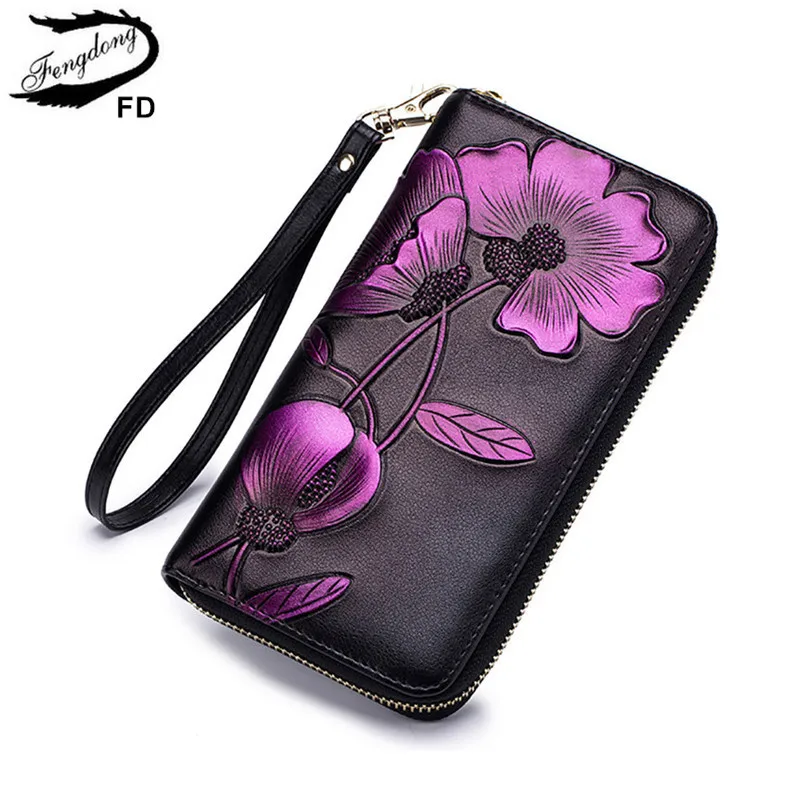Fengdong, женский кожаный кошелек, цветок, сумка для телефона, винтажный кошелек с цветами, подарки для девочек, на молнии, длинный rfid кошелек, Женский держатель для карт - Цвет: purple