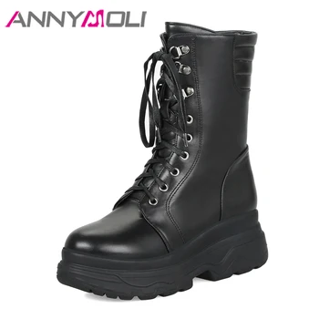 

ANNYMOLI Women Shoes Winter Motorcycle Boots Zipper Flat Platform Heel Ankle Boots Lace Up High Heel Short Boots Large Size 3 43