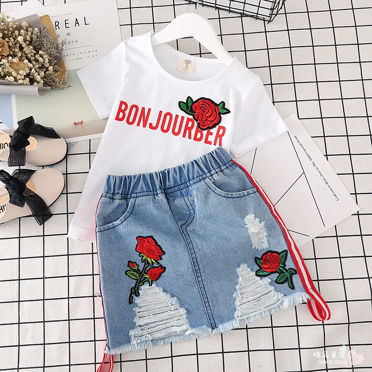 

Retailed Hot Sale Fashion rose T shirt + Denim skirt 2PCS Kids Girls Outfits summer Clothes Set baby girl clothes