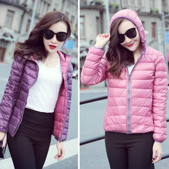 

Autumn Winter Womens Bomber Hooded Jackets Ultra-thin Light Double-sided Wearing Fashion Female Slim Short Coats Warm Duck Down