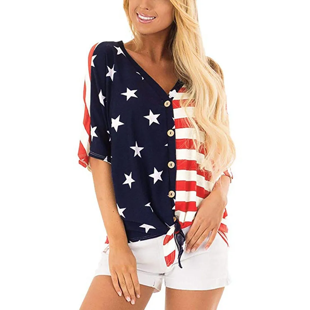 Women's V Neck American Flag Button Down T Shirt with Tie Front Tops ...