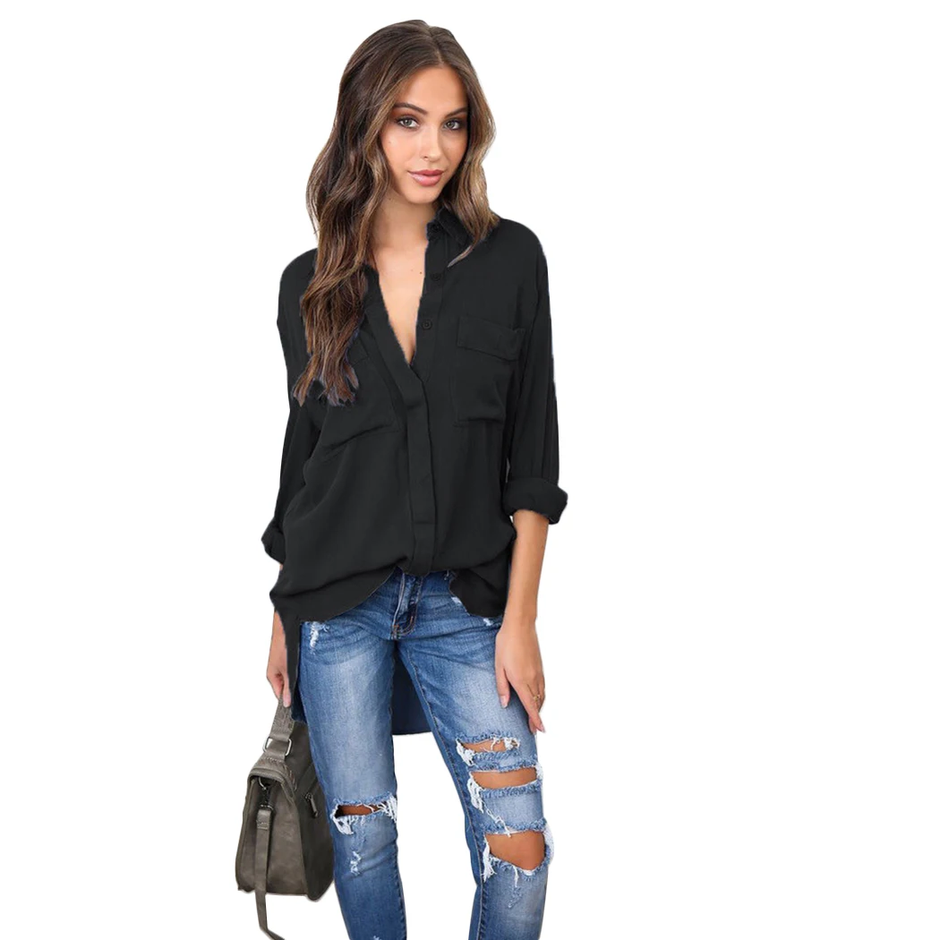 Sexy V cuello gasa moda de manga larga Irregular blusas Color sólido Turn-Down Collar camisas Ropa Mujer blusas