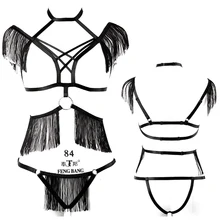 Связывание тела кисточкой жгут Комплект пояса для чулок черный сексуальный костюм клетка бюстгальтер для Для женщин Эластичный гот фестиваль Бар Rave Косплэй одежда для танцев