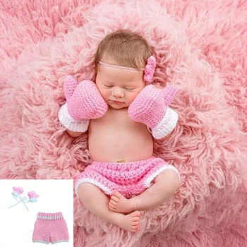 

Newborn cute hand-knitted photo shoot pink boxer sport suit girl birthday gift